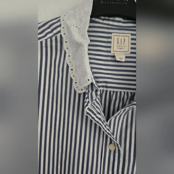 Doen X Gap Cotton Striped Blue Button Down Eyelet Lace Collar Shirt Size Medium - Picture 6 of 11
